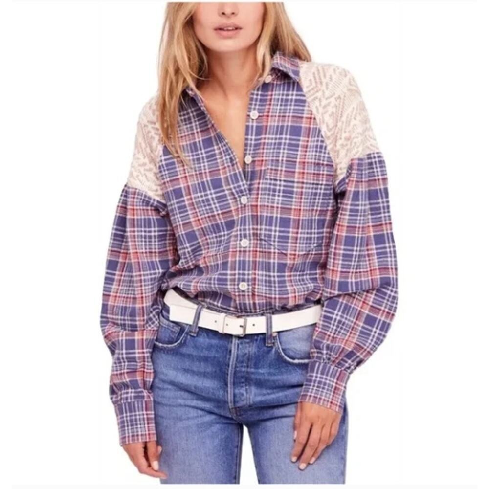 Free People Fireside Nights Button Up Shirt‎ Women Size Small Oversized